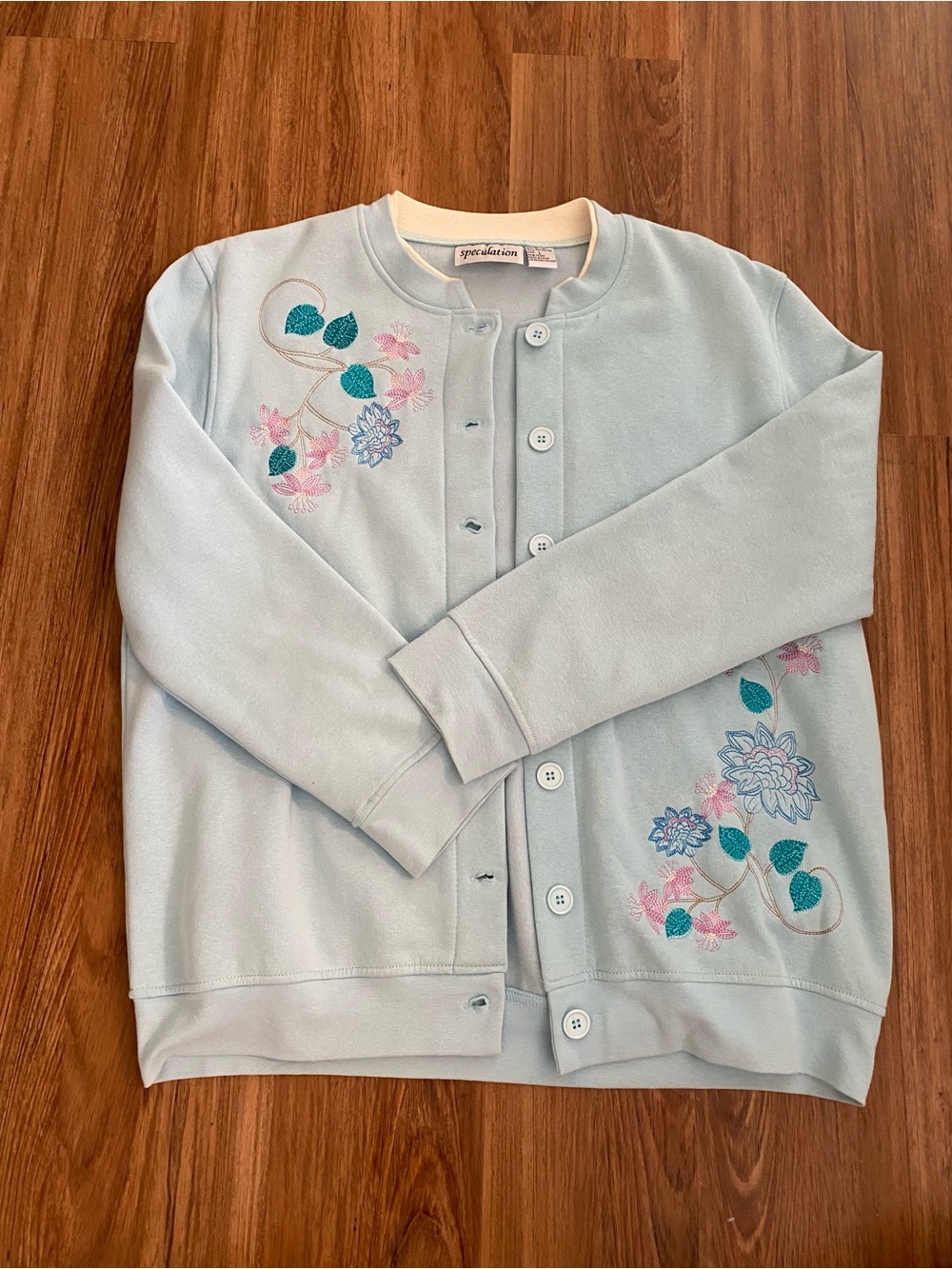 Vintage Speculation Pastel Blue Floral Embroidered Cardigan Sweater Large